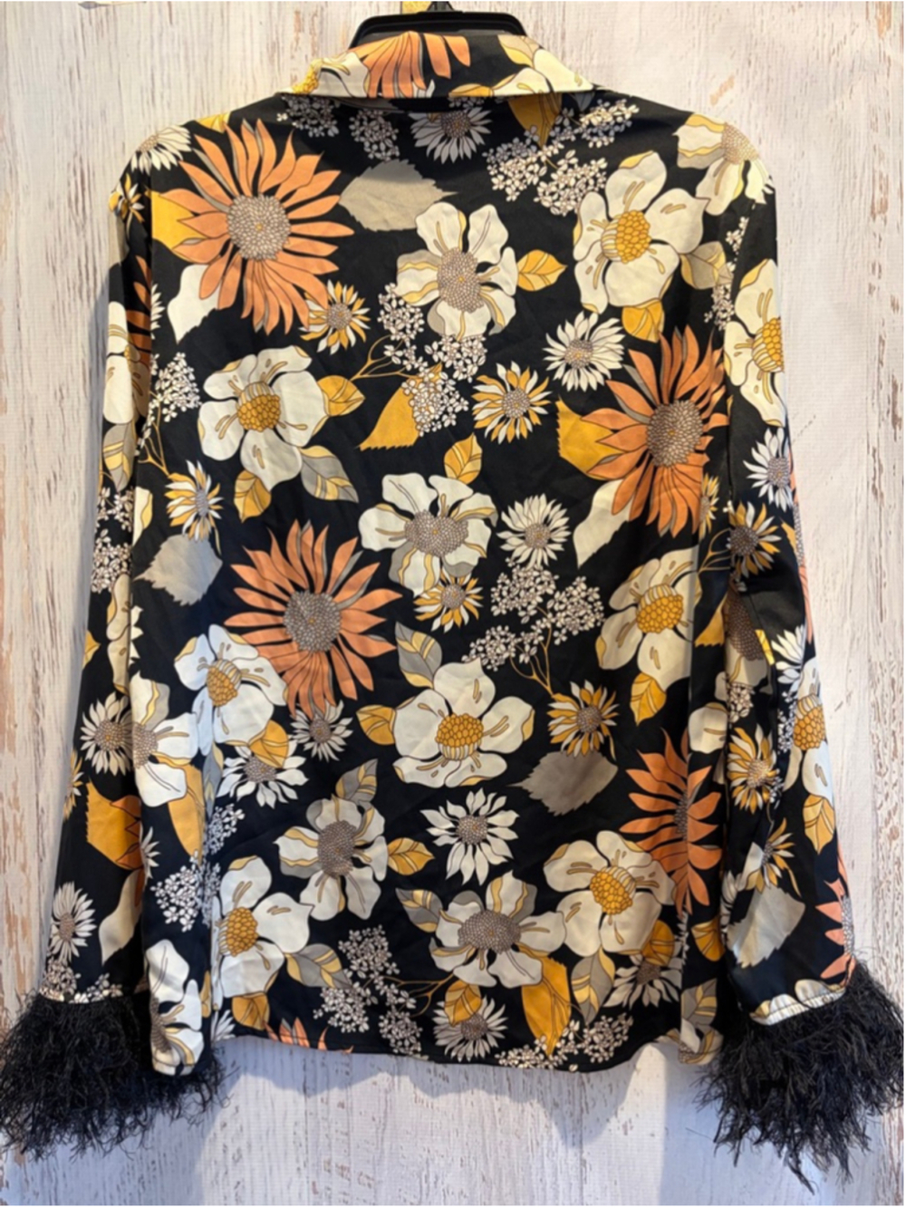 Women's AZURA Black & Orange Floral Pajama Set with Feather Cuffs S - Picture 6 of 10